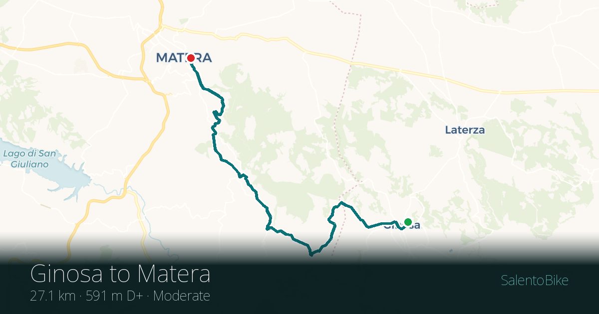 Map of the Da Ginosa a Matera route: 27.1 km, 591 m of ascent