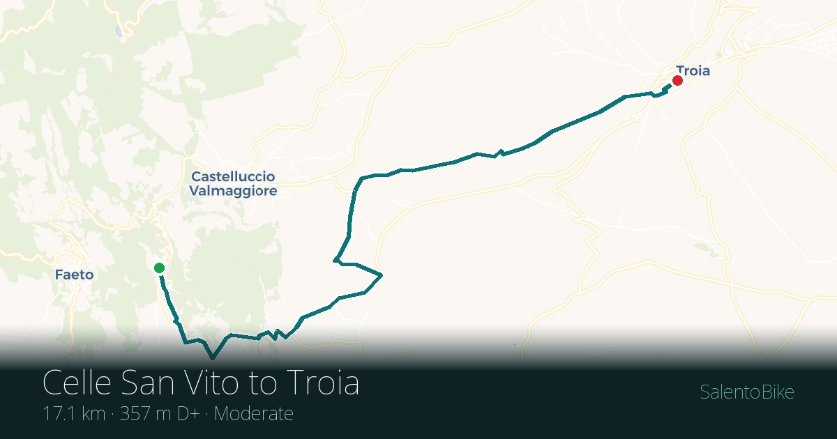 Map of the Da Celle San Vito a Troia route: 17.1 km, 357 m of ascent