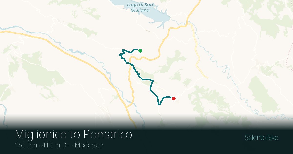 Map of the Da Miglionico a Pomarico route: 16.1 km, 410 m of ascent