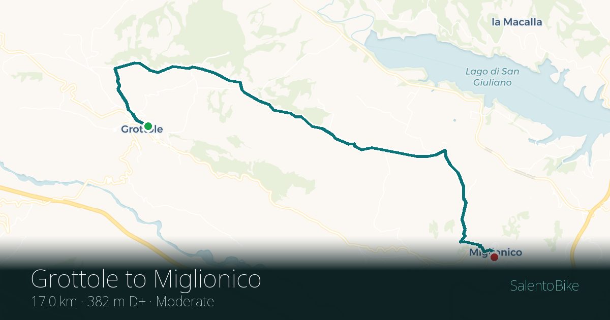Map of the Da Grottole a Miglionico route: 17 km, 382 m of ascent