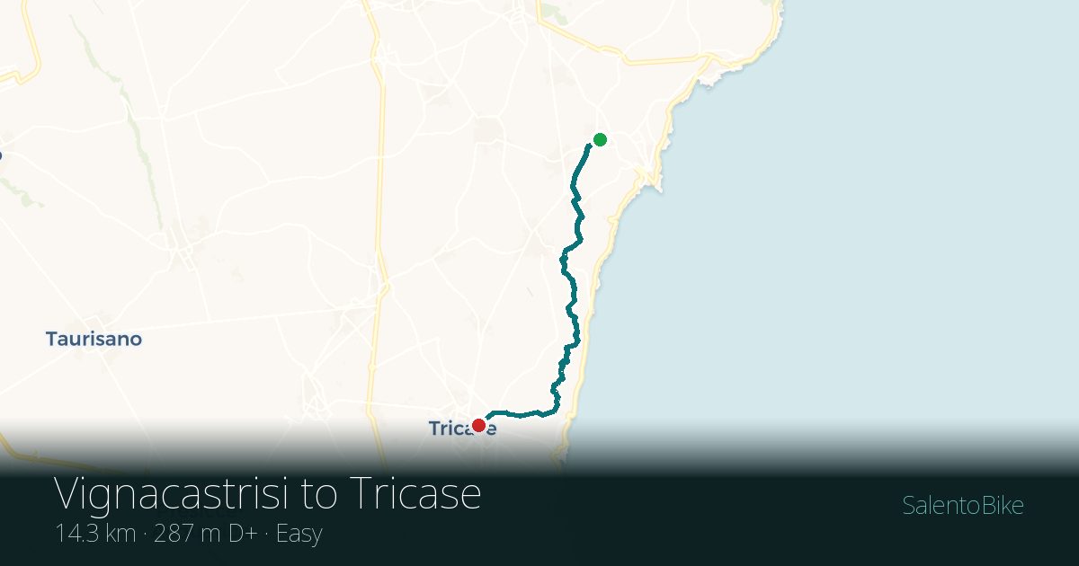 Map of the Da Vignacastrisi a Tricase route: 14.3 km, 287 m of ascent