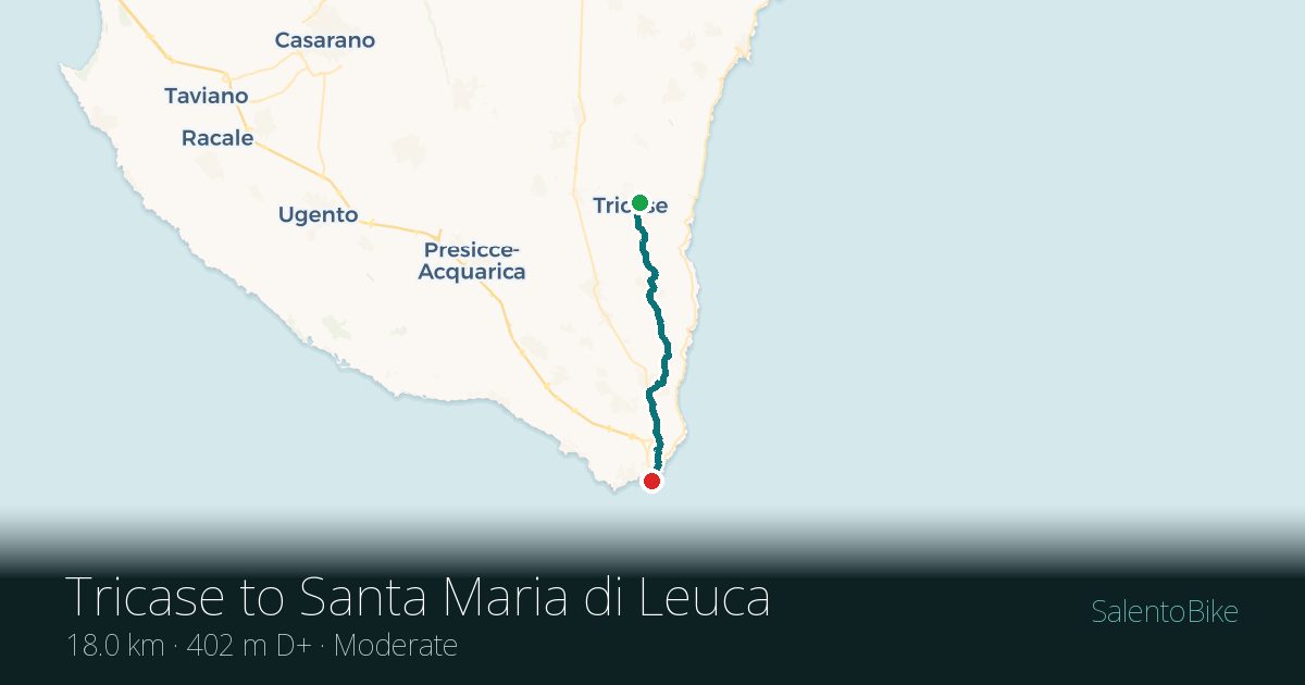 Map of the Da Tricase a Santa Maria di Leuca route: 18 km, 402 m of ascent