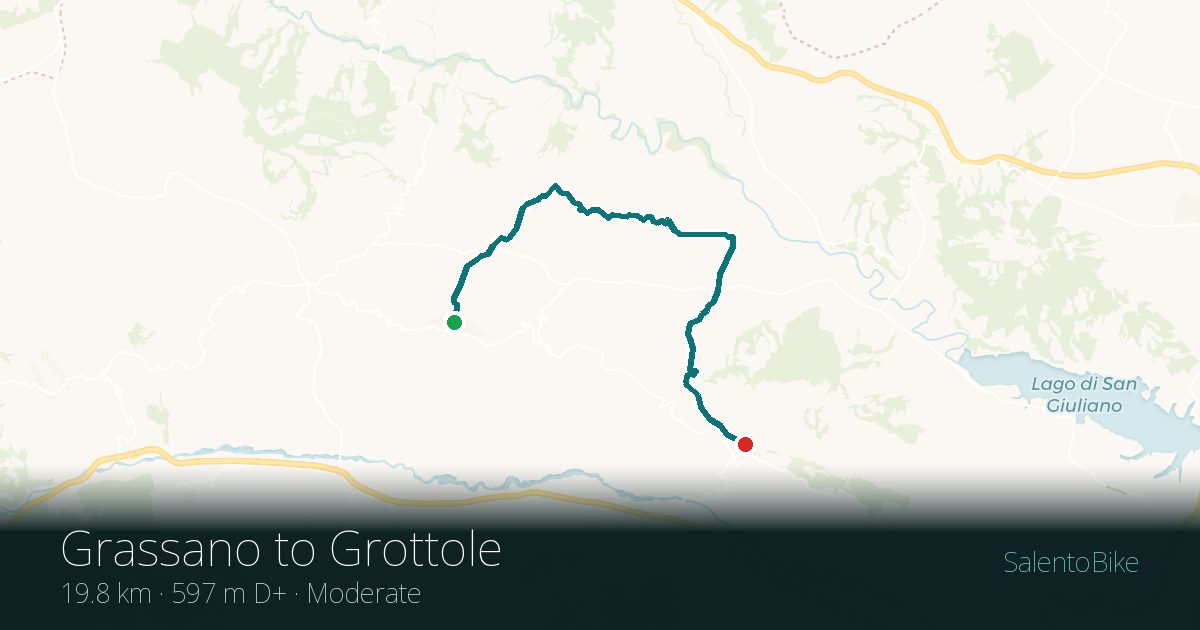 Map of the Da Grassano a Grottole route: 19.8 km, 597 m of ascent
