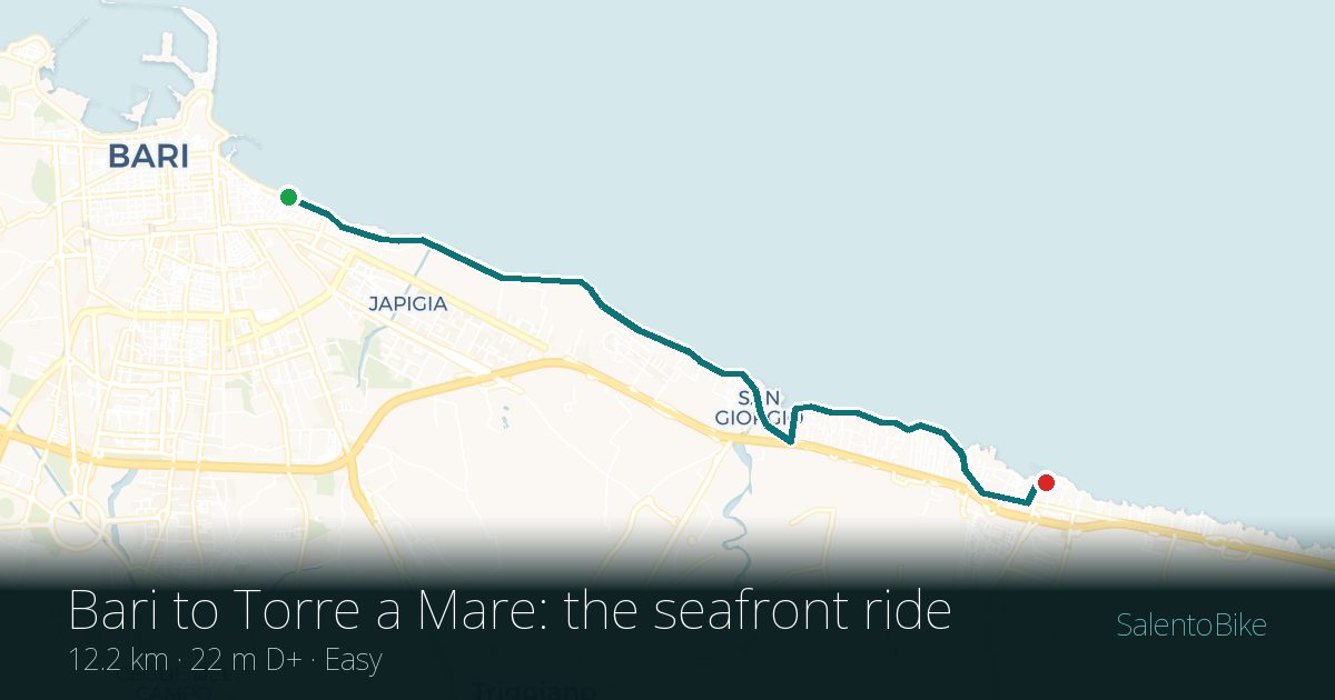 Map of the Da Bari a Torre a Mare: the seafront ride route: 12.2 km, 22 m of ascent