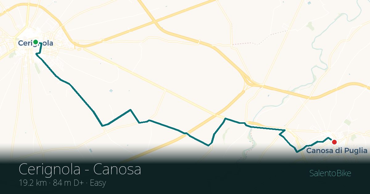 Map of the Cerignola - Canosa route: 19.2 km, 84 m of ascent