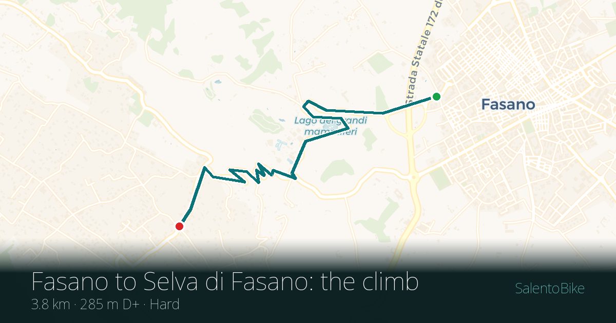 Map of the Da Fasano a Selva di Fasano: the climb route: 3.8 km, 285 m of ascent