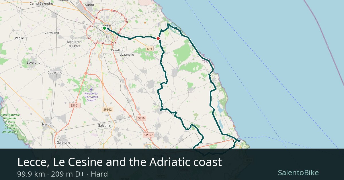Map of the Lecce, Le Cesine and the Adriatic coast route: 99.9 km, 209 m of ascent