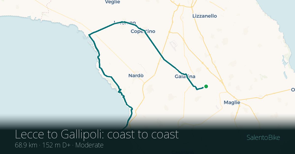 Map of the Da Lecce to Gallipoli: coast a coast route: 68.9 km, 152 m of ascent