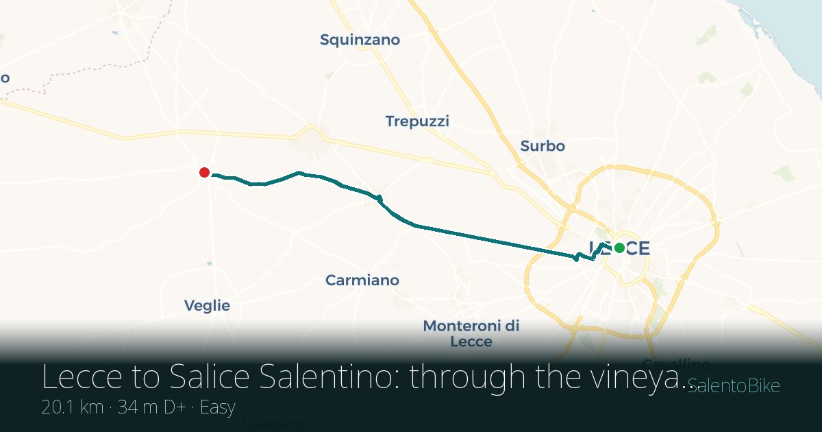 Map of the Da Lecce a Salice Salentino: through the vineyards route: 20.1 km, 34 m of ascent