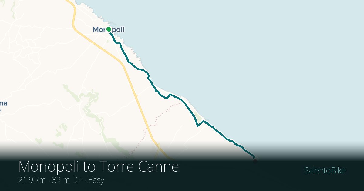 Map of the Da Monopoli a Torre Canne route: 21.9 km, 39 m of ascent