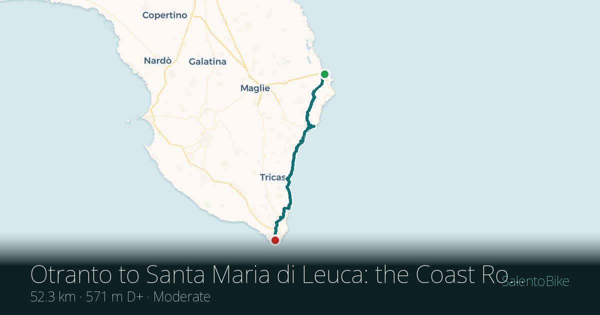 Map of the Da Otranto a Santa Maria di Leuca: the Coast Road route: 52.3 km, 571 m of ascent