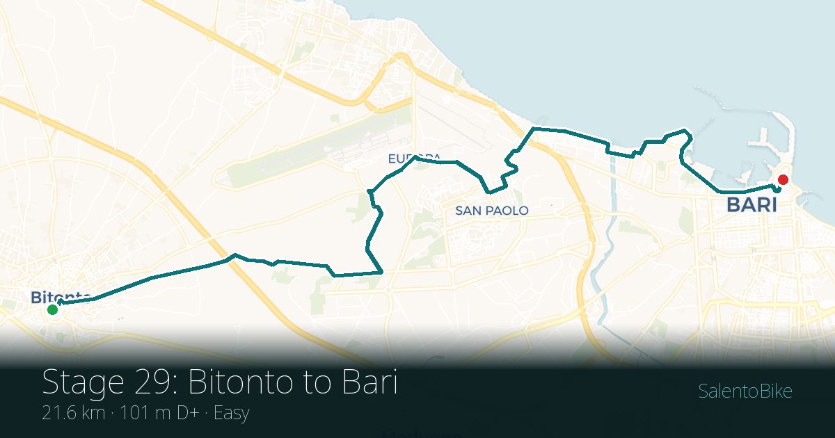 Map of the Tappa 29: da Bitonto a Bari route: 21.6 km, 101 m of ascent