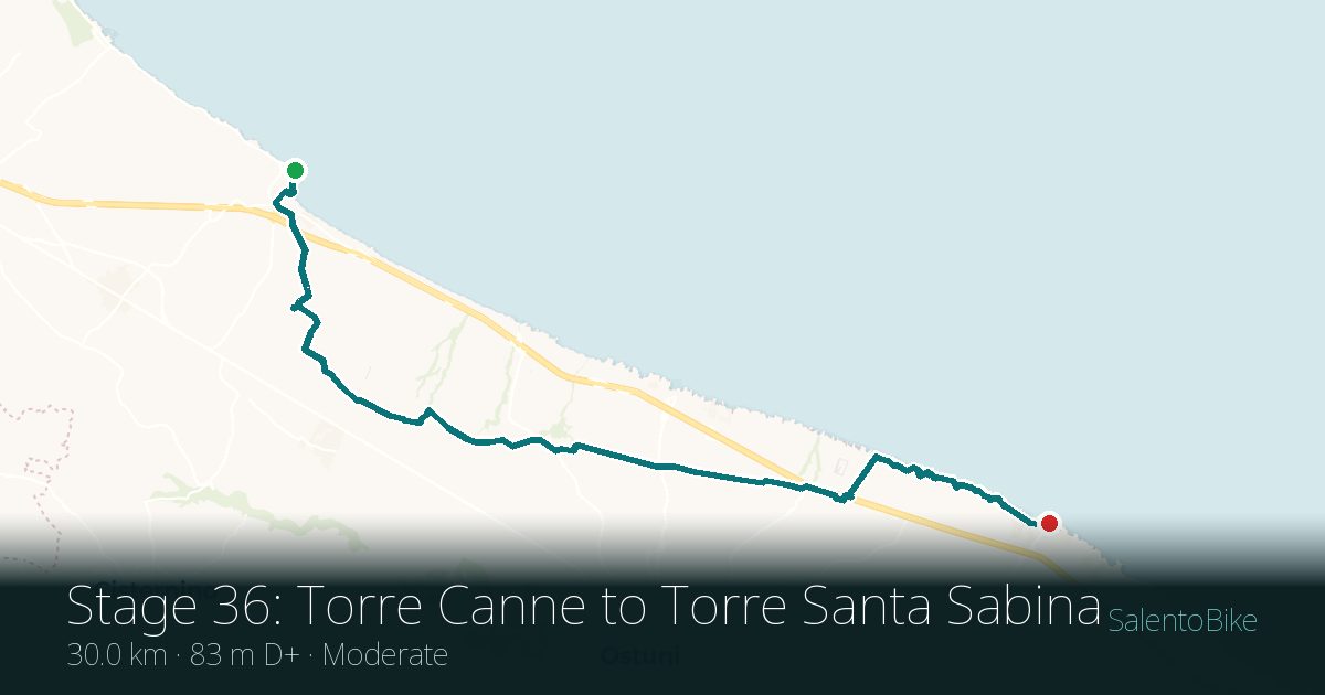 Map of the Tappa 36: da Torre Canne a Torre Santa Sabina route: 30 km, 83 m of ascent