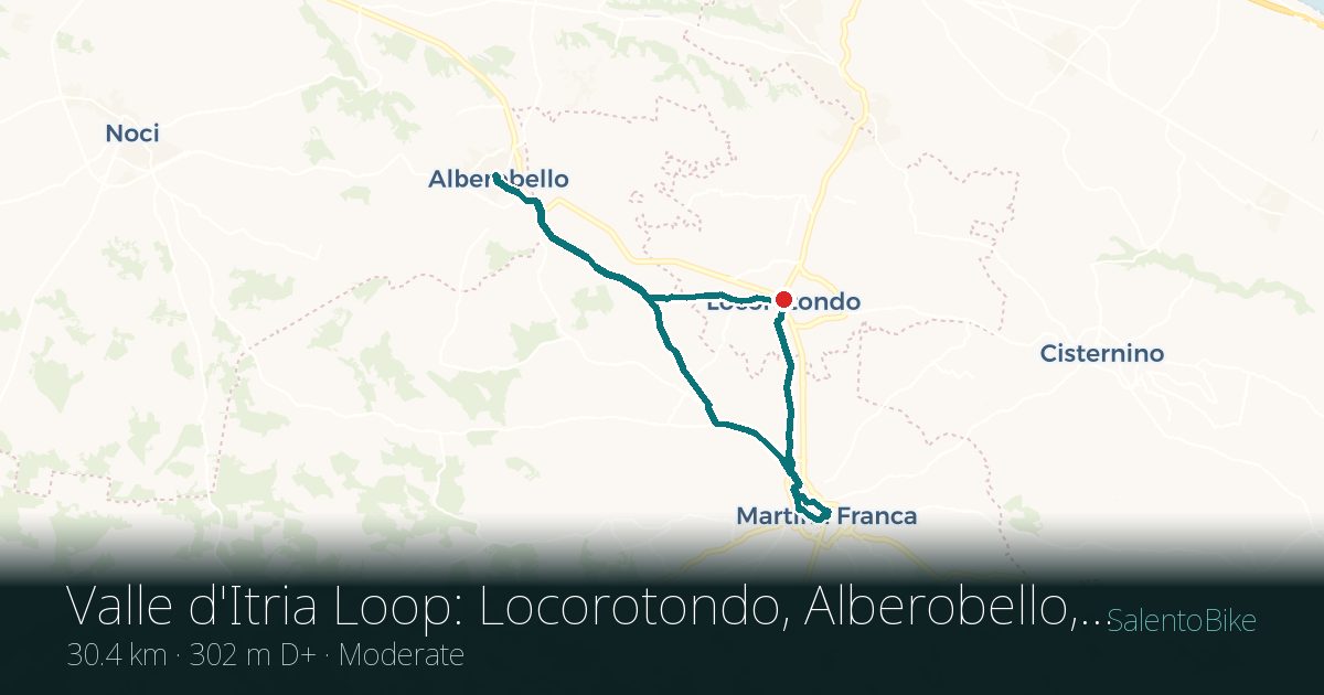 Map of the Anello Valle d'Itria: Locorotondo, Alberobello, Martina Franca route: 30.4 km, 302 m of ascent