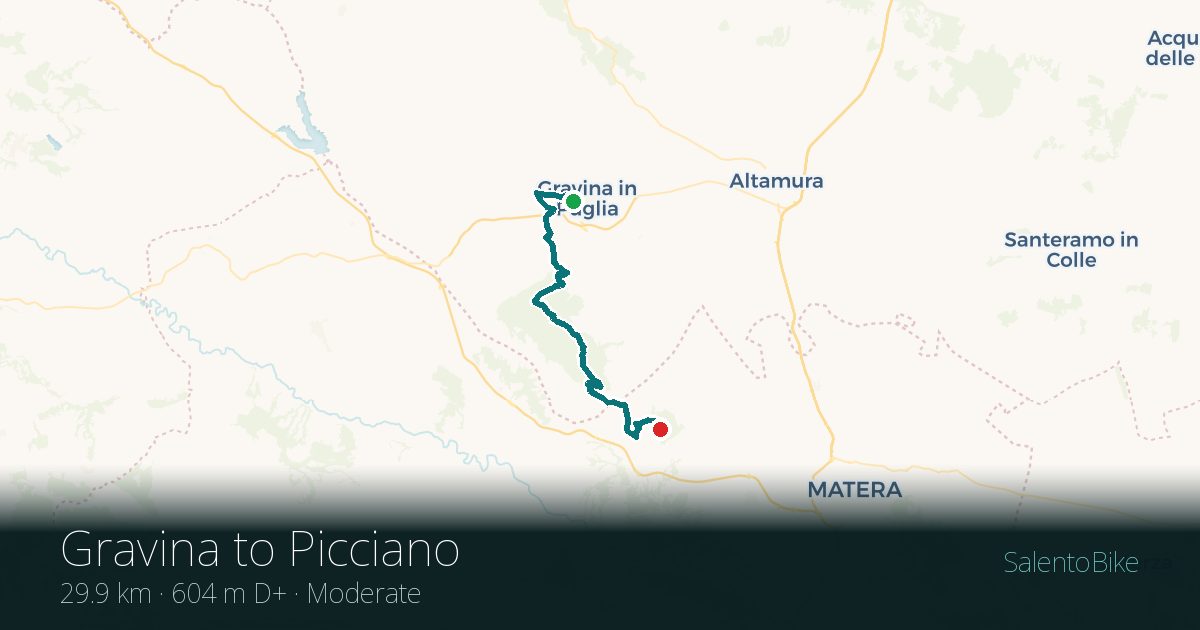 Map of the Da Gravina a Picciano route: 29.9 km, 604 m of ascent